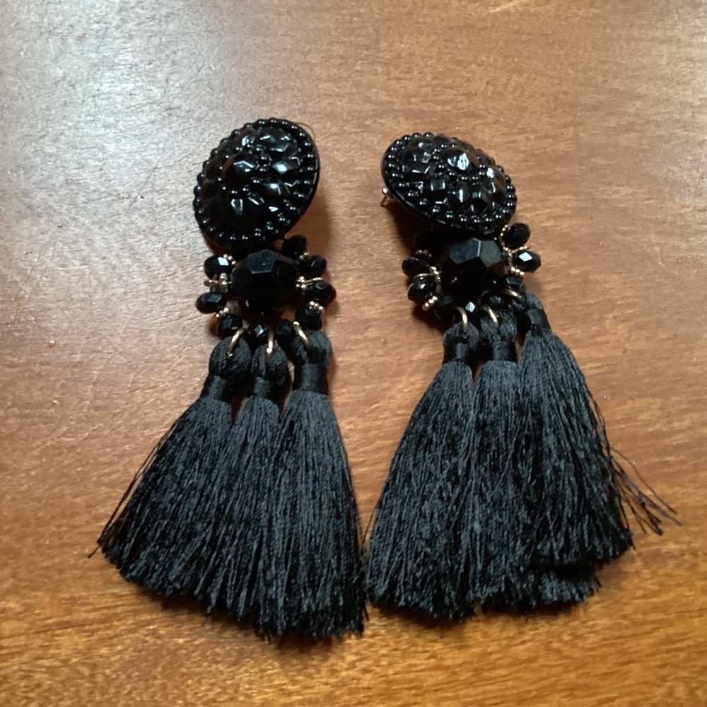 Black Tassel Drop/Dangling Earrings Black Beads Gold-tone Hardware
